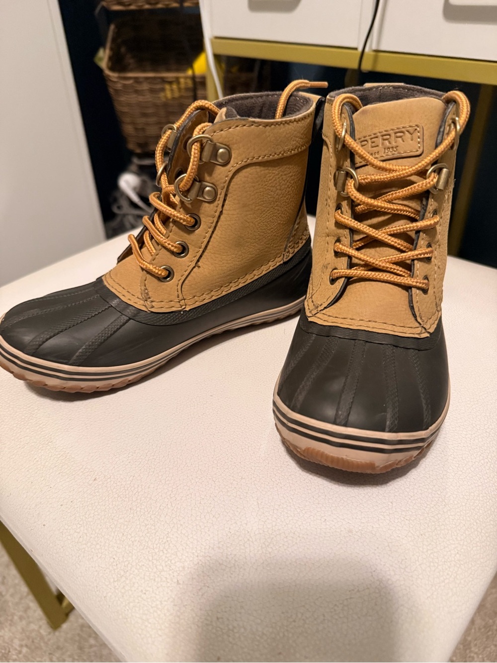 Sperry Tan and Black Kids Duck Boots
